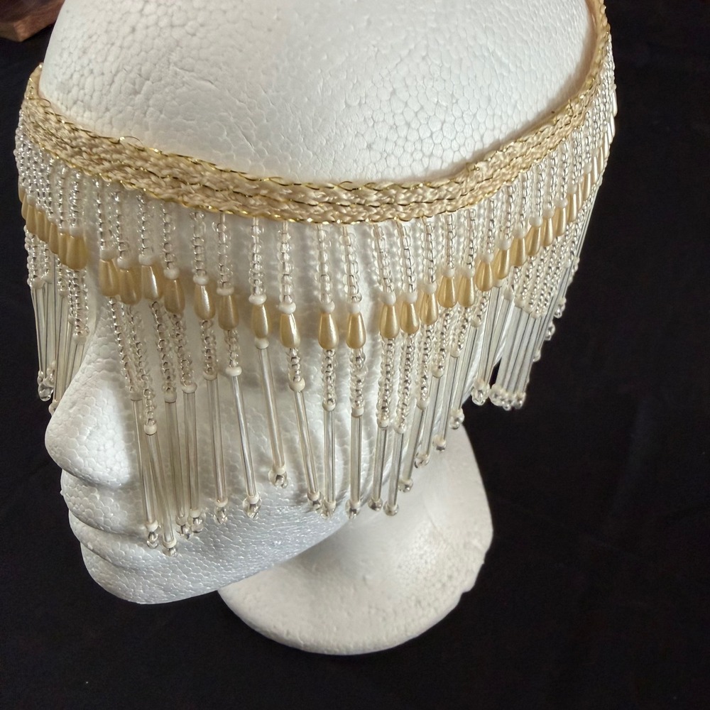 Vintage Clear/Pearl Glass Bugle BeadFringe Trim Headpiece Applique Flapper Style